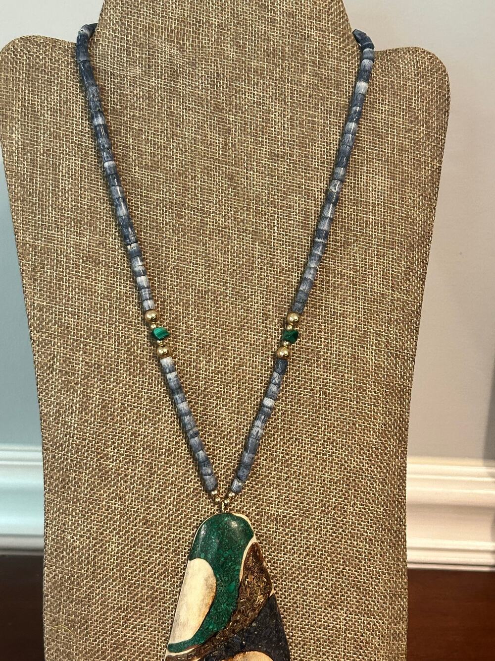 My Crazy Bones Signed Green Mosaic Inlay Triangle Pendant Necklace Boho 20 Inch